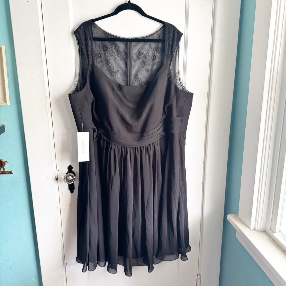 Azazie Siena Black Lace Back Dress Chiffon Skirt NWT Size A26 Wedding Cocktail